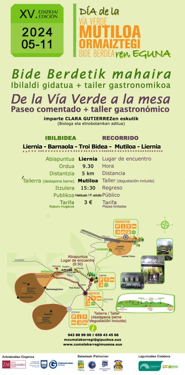 Cartel Día de la Vía Verde Mutiloa-Ormaiztegi. Actividad "De la vía verde a la mesa"