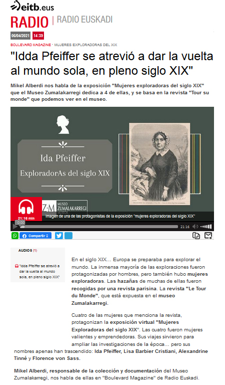 ZM. Exploradoras del siglo XIX. Entrevista en Radio Euskadi para el programa Boulevard Magazine
