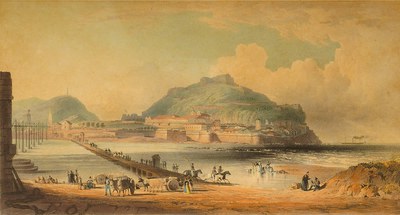 San Sebastián desde el convento de San Francisco: pontón sobre el Urumea y principio del nuevo puente de madera, mayo de 1836