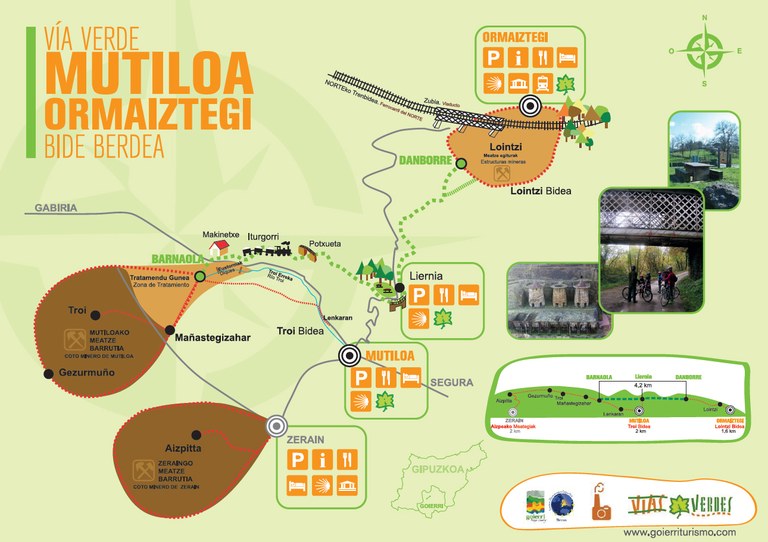 La Vía Verde Mutiloa-Ormaiztegi es una infraestructura ferroviaria en desuso que ha sido reconvertida en itinerarios cicloturista y senderista, remodelada. Con una longitud de 4,5km recorre desde el  caserío Barnaola, lugar en el que se almacenaba el mineral de hierro extraído en el coto minero de Zerain y en el coto minero de Mutiloa, hasta la estación de tren de Ormaiztegi. El ambos cotos se extraía mineral de hierro que abastecía a las ferrerías de la zona y esta ruta nos muestra el recorrido realizado por dicho mineral.