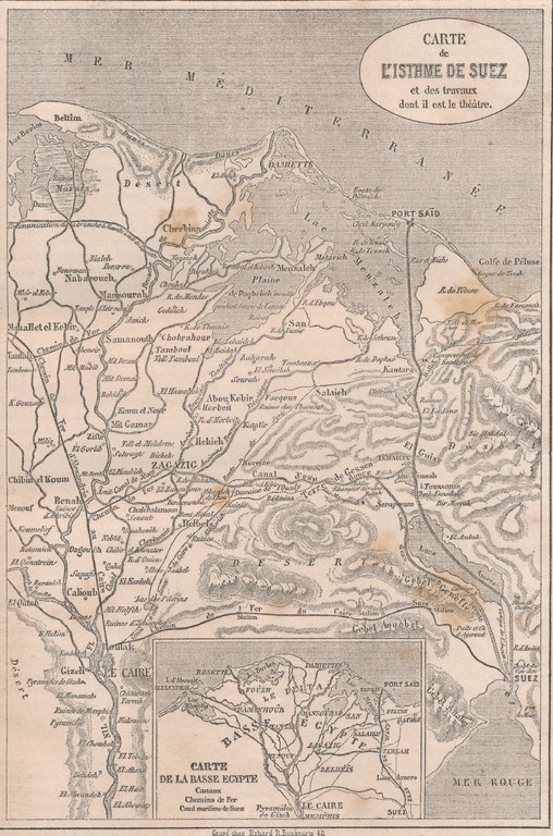 ZM. Une Excursion au canal de Suez. Le Tour du Monde. Par M. Paul Merruau. 1862. Carte de LÍstheme de Suez et des travaux dont il est le théàtre