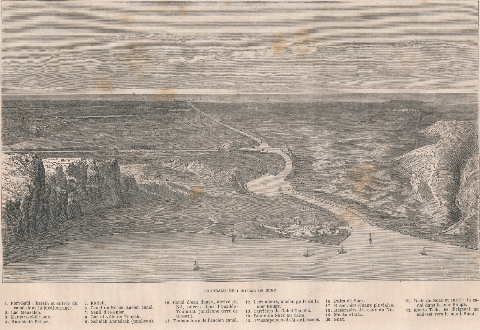 ZM. Une Excursion au canal de Suez. Le Tour du Monde. Par M. Paul Merruau. Panorama de Listhme de Suez.1862