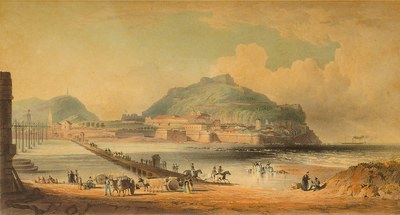 San Sebastián desde el convento de San Francisco: pontón sobre el Urumea y principio del nuevo puente de madera, mayo de 1836 San Sebastián desde el convento de San Francisco: pontón sobre el Urumea y principio del nuevo puente de madera, mayo de 1836